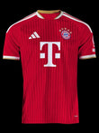 Kitted Up Bayern Munich 2026/2027 home jersey in red with white stripes, gold trim, and team crest on black background