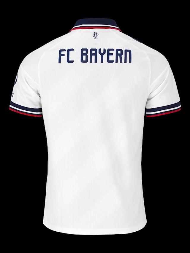 Back view of Kitted Up Bayern Munich 2026/2027 kids away jersey in white with navy and red collar and sleeve trim.