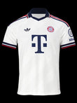Kitted Up Bayern Munich 2026/2027 kids away jersey in white with navy collar, red and navy sleeve trim, and logos.