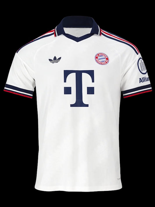 Kitted Up Bayern Munich 2026/2027 kids away jersey in white with navy collar, red and navy sleeve trim, and logos.