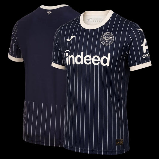 Kitted Up Brentford 2026/2027 away football jersey in navy blue with white pinstripes and cream trim details.