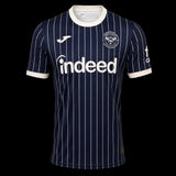 Kitted Up Brentford 2026/2027 away football jersey in navy blue with white pinstripes and cream trim details.