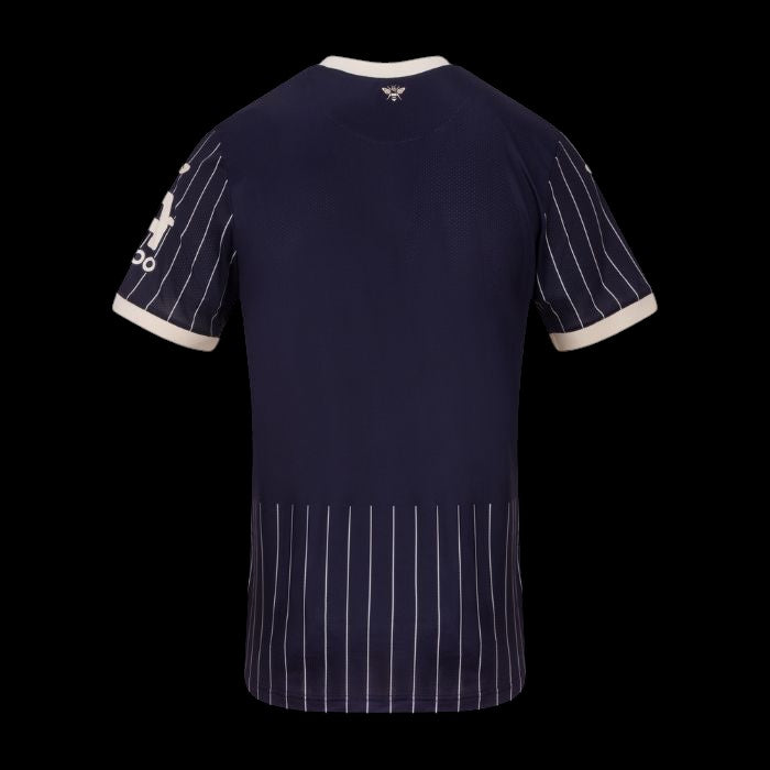 Back view of Kitted Up Brentford 2026/2027 kids away football jersey in navy blue with white pinstripes and bee logo.