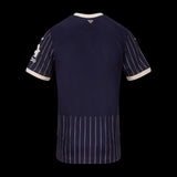 Back view of Kitted Up Brentford 2026/2027 kids away football jersey in navy blue with white pinstripes and bee logo.
