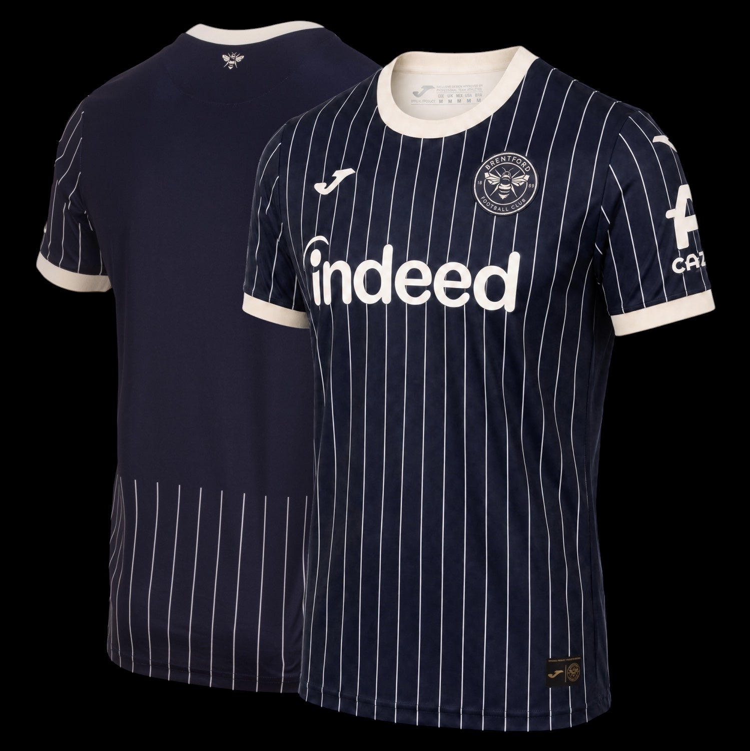Kitted Up Brentford 2026/2027 kids away football jersey in navy blue with white pinstripes and cream trim.