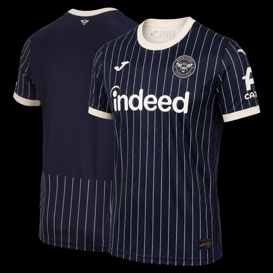Kitted Up Brentford 2026/2027 kids away football jersey in navy blue with white pinstripes and cream trim.