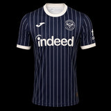 Kitted Up Brentford 2026/2027 kids away football jersey in navy blue with white pinstripes and crew neck collar.