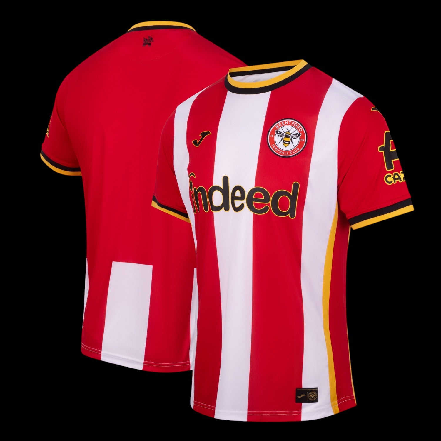 Kitted Up Brentford 2026/2027 kids home football jersey featuring red and white stripes with black and yellow trim.