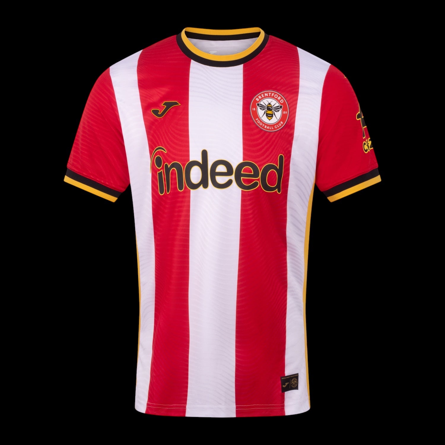 Kitted Up Brentford 2026/2027 kids home football shirt featuring red and white stripes with black and yellow trim.