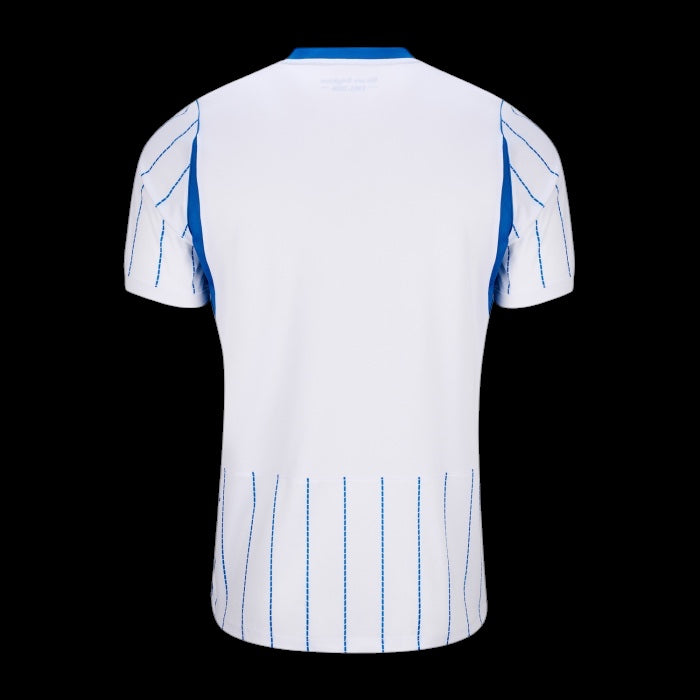 Back view of Kitted Up Brighton & Hove Albion 2026/2027 kids away jersey in white with blue pinstripes
