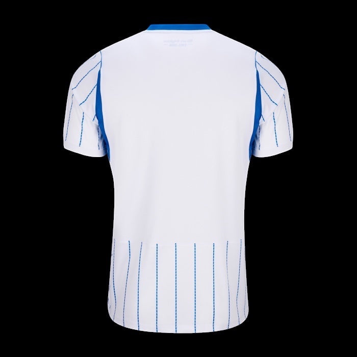 Back view of Kitted Up Brighton & Hove Albion 2026/2027 kids away jersey in white with blue striped detailing.
