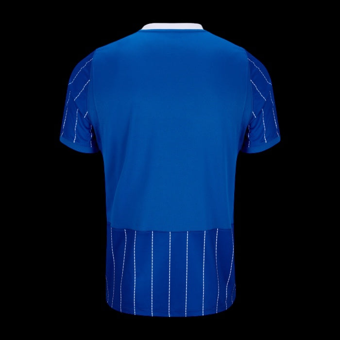Back view of the Kitted Up Brighton & Hove Albion 2026/2027 kids home football jersey in blue with white pinstripes.