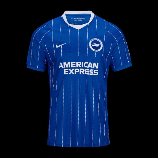 Kitted Up Brighton & Hove Albion 2026/2027 kids home football jersey in blue with white pinstripes and team crest.