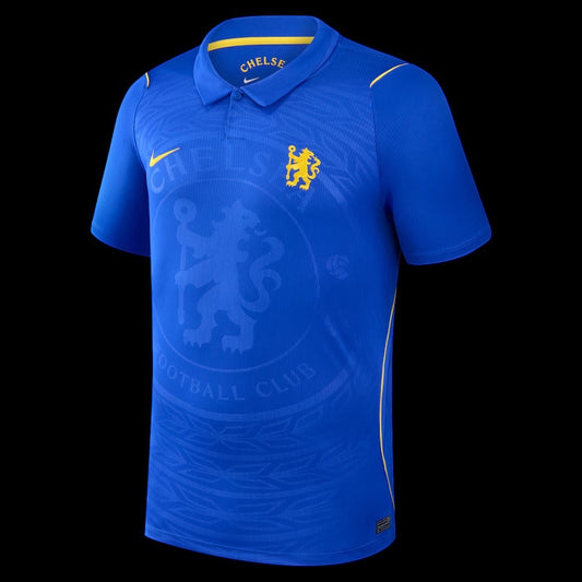 Kitted Up Chelsea 2026/2027 adult home football jersey in royal blue with yellow accents and embossed club crest.