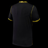 Back view of Kitted Up Chelsea 2026/2027 away jersey in black with yellow tiger-stripe trim on collar and sleeves.