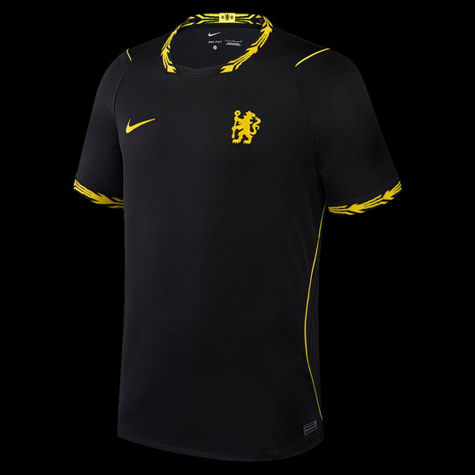 Kitted Up Chelsea 2026/2027 away football jersey in black with yellow accents and patterned collar and sleeve cuffs.