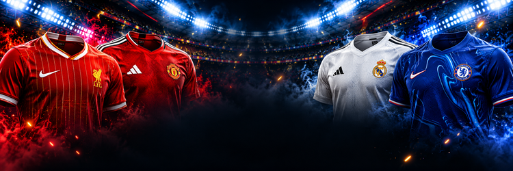 Club football shirts in red, white and blue against a dark stadium, matching Kitted Up's mobile theme.
