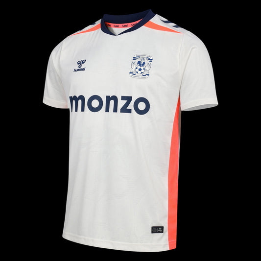 Kitted Up Coventry City 2026/2027 away football jersey in white with navy accents and coral side panels.