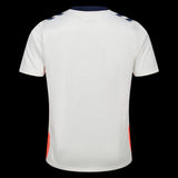 Back view of Kitted Up Coventry away football jersey in white with navy shoulder chevrons and orange side panels.