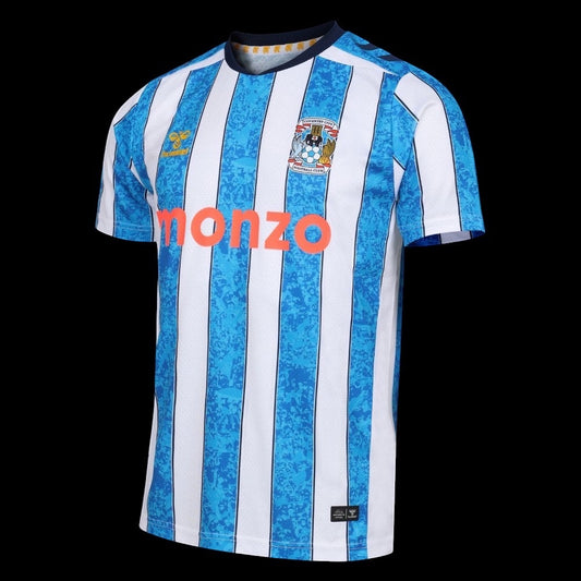 Kitted Up Coventry 2026/2027 home football shirt featuring blue and white vertical stripes and a Monzo sponsor logo.
