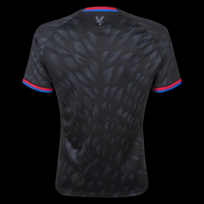 Back view of the Kitted Up Crystal Palace 2026/2027 away jersey in black with red and blue sleeve trim details.
