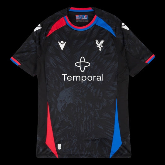 Kitted Up Crystal Palace 2026/2027 kids away football jersey in black with red and blue side panel accents.