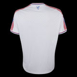Back view of the Kitted Up Crystal Palace 2026/2027 kids home jersey in white with red and blue shoulder stripes.