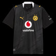 Kitted Up Dortmund 2026/2027 away football jersey in black with yellow accents, white collar, and sponsor logos.
