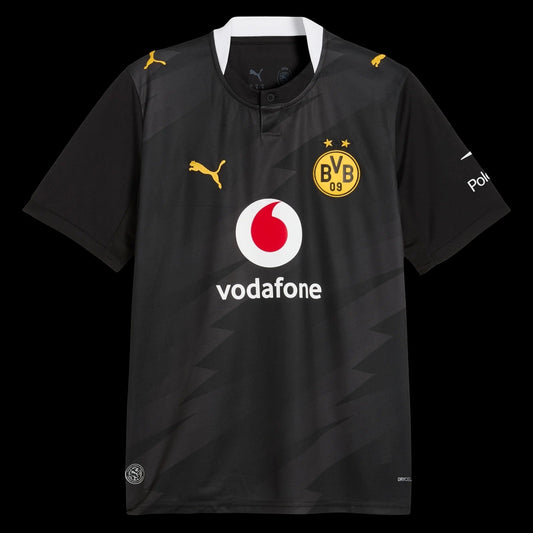 Kitted Up Dortmund 2026/2027 away football jersey in black with yellow accents, white collar, and sponsor logos.