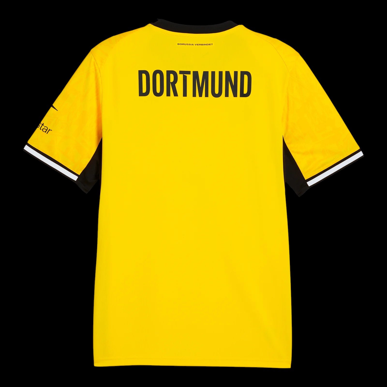Back view of Kitted Up Dortmund 2026/2027 kids home jersey in yellow with black lettering and sleeve trim.