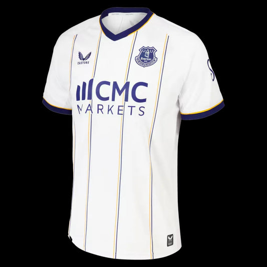 Kitted Up Everton 2026/2027 away football jersey in white with blue and yellow pinstripes and navy trim.