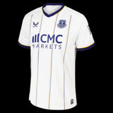 Kitted Up Everton 2026/2027 away football jersey in white with blue and yellow pinstripes and navy trim.