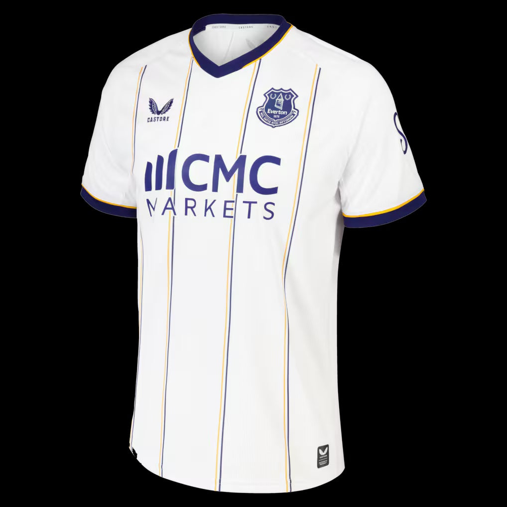 Kitted Up Everton 2026/2027 kids away jersey in white with blue and yellow pinstripes and club crest.