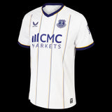 Kitted Up Everton 2026/2027 kids away jersey in white with blue and yellow pinstripes and club crest.