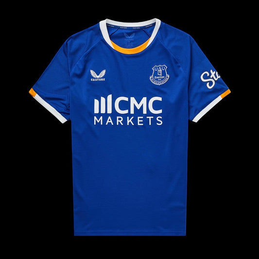 Kitted Up Everton 2026/2027 kids home football shirt in royal blue with white and yellow trim and sponsor logos