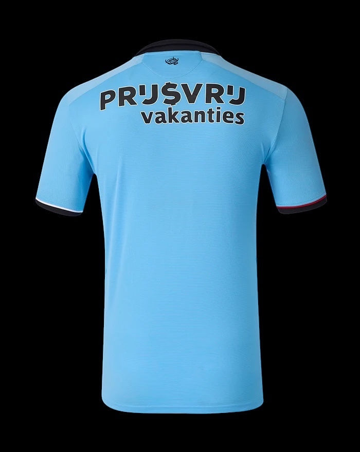 Back view of the light blue Kitted Up Feyenoord 2026/2027 away football jersey with black sponsor text