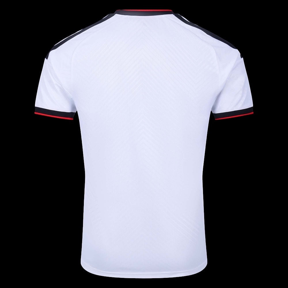 Back view of the white Kitted Up Fulham 2026/2027 adult home football jersey with black and red sleeve trim.