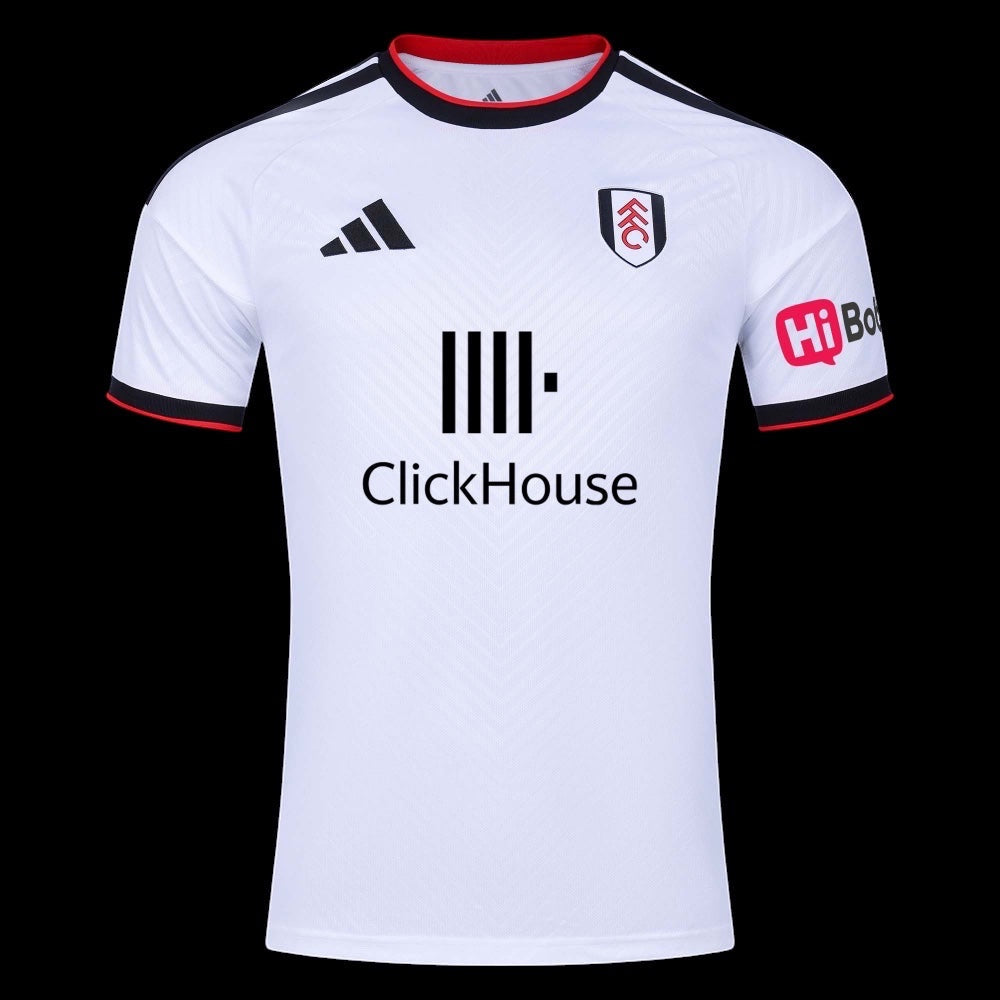 Kitted Up Fulham 2026/2027 adult home football jersey in white with black and red trim and sponsor logos.