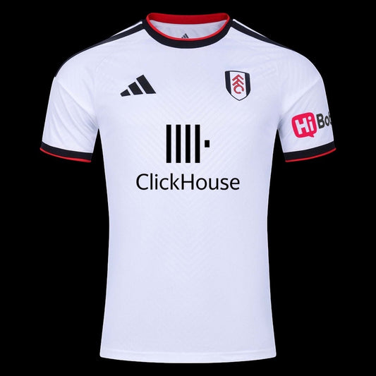 Kitted Up Fulham 2026/2027 adult home football jersey in white with black and red trim and sponsor logos.