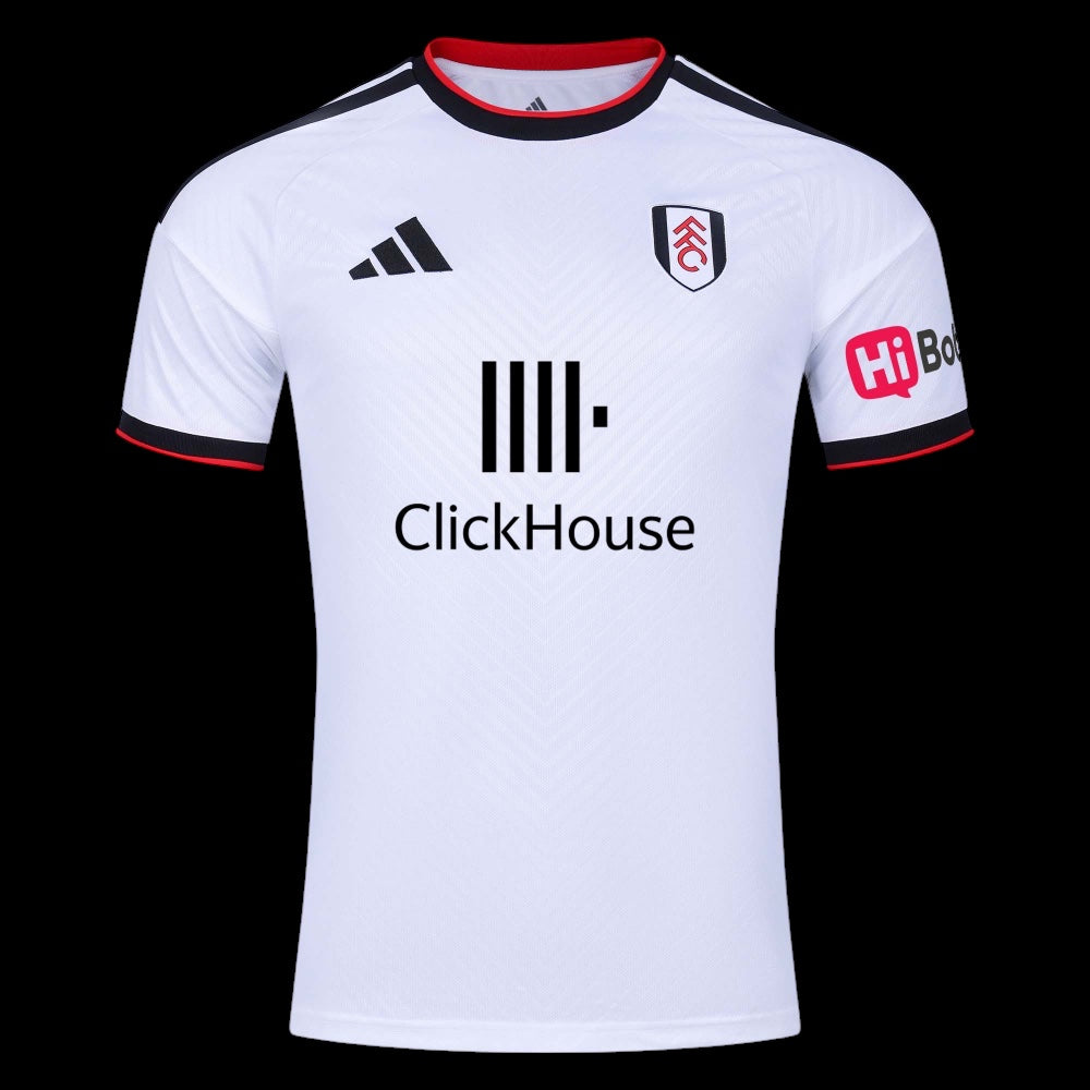 Kitted Up Fulham 2026/2027 kids home football jersey in white with black and red trim and team crest.