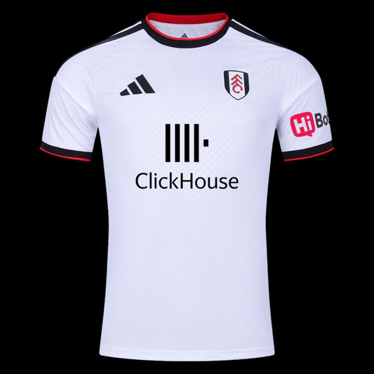 Kitted Up Fulham 2026/2027 kids home football jersey in white with black and red trim and team crest.