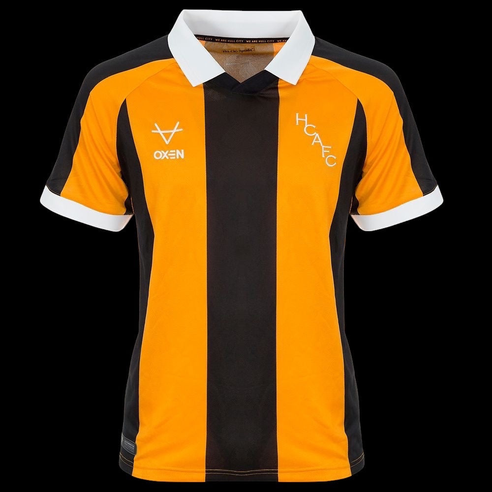 Kitted Up Hull City 2026/2027 kids home football shirt featuring amber and black vertical stripes and white collar.