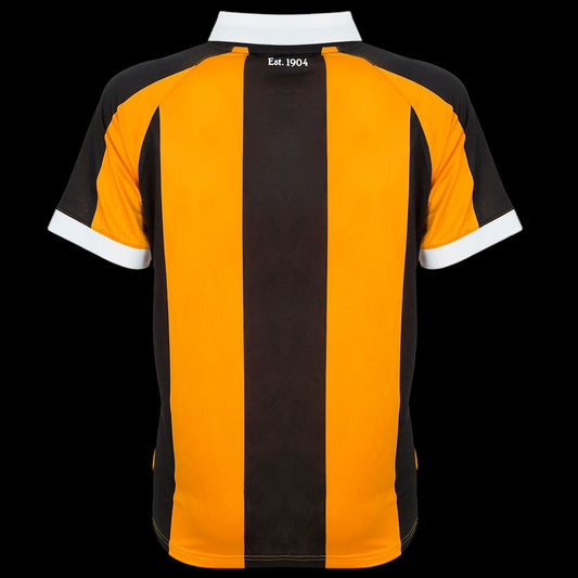 Back view of Kitted Up Hull 2026/2027 adult home football jersey with black and amber stripes and white collar