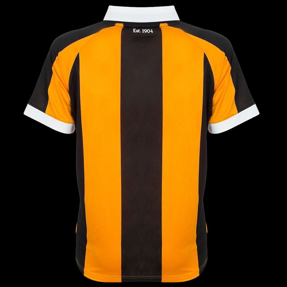 Back view of Kitted Up Hull 2026/2027 kids home football shirt featuring black and amber stripes and white collar.