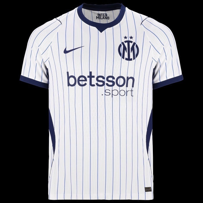 Kitted Up Inter Milan 2026/2027 away jersey in white with navy blue pinstripes and team branding.