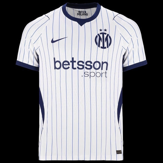 Kitted Up Inter Milan 2026/2027 away jersey in white with navy blue pinstripes and team branding.