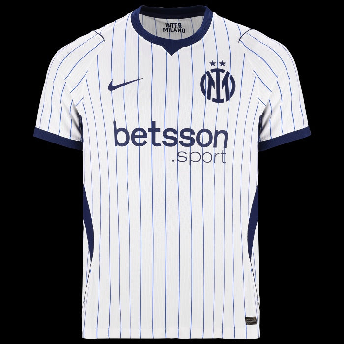 Kitted Up Inter Milan 2026/2027 kids away jersey in white with blue pinstripes, club crest, and sponsor logo.
