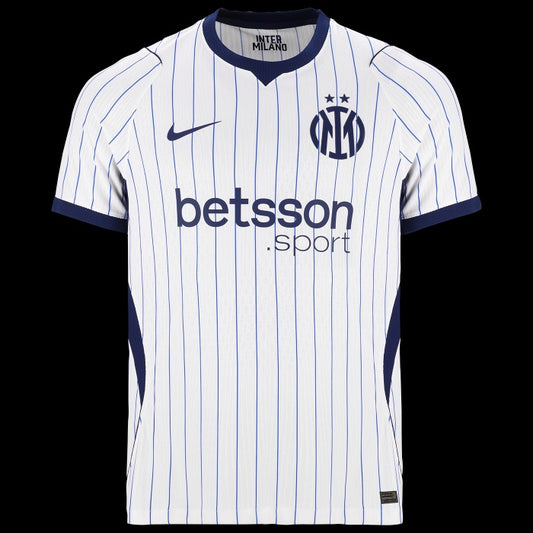 Kitted Up Inter Milan 2026/2027 kids away jersey in white with blue pinstripes, club crest, and sponsor logo.