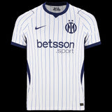 Kitted Up Inter Milan 2026/2027 kids away jersey in white with blue pinstripes, club crest, and sponsor logo.