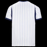 Back view of Kitted Up Inter Milan 2026/2027 kids away jersey in white with blue pinstripes and navy trim.